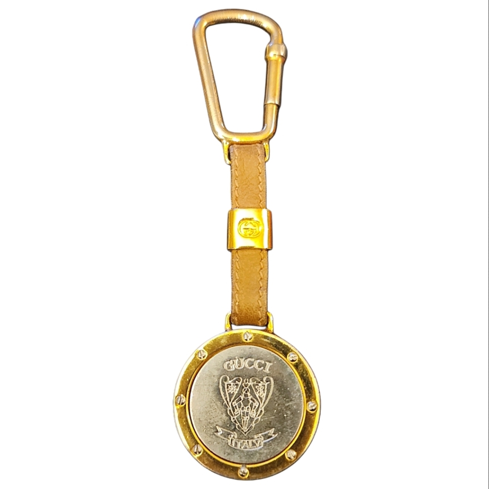 Vintage Authentic Gucci Medallion Keychain / Key Ring in Two Tone Gold & Silver